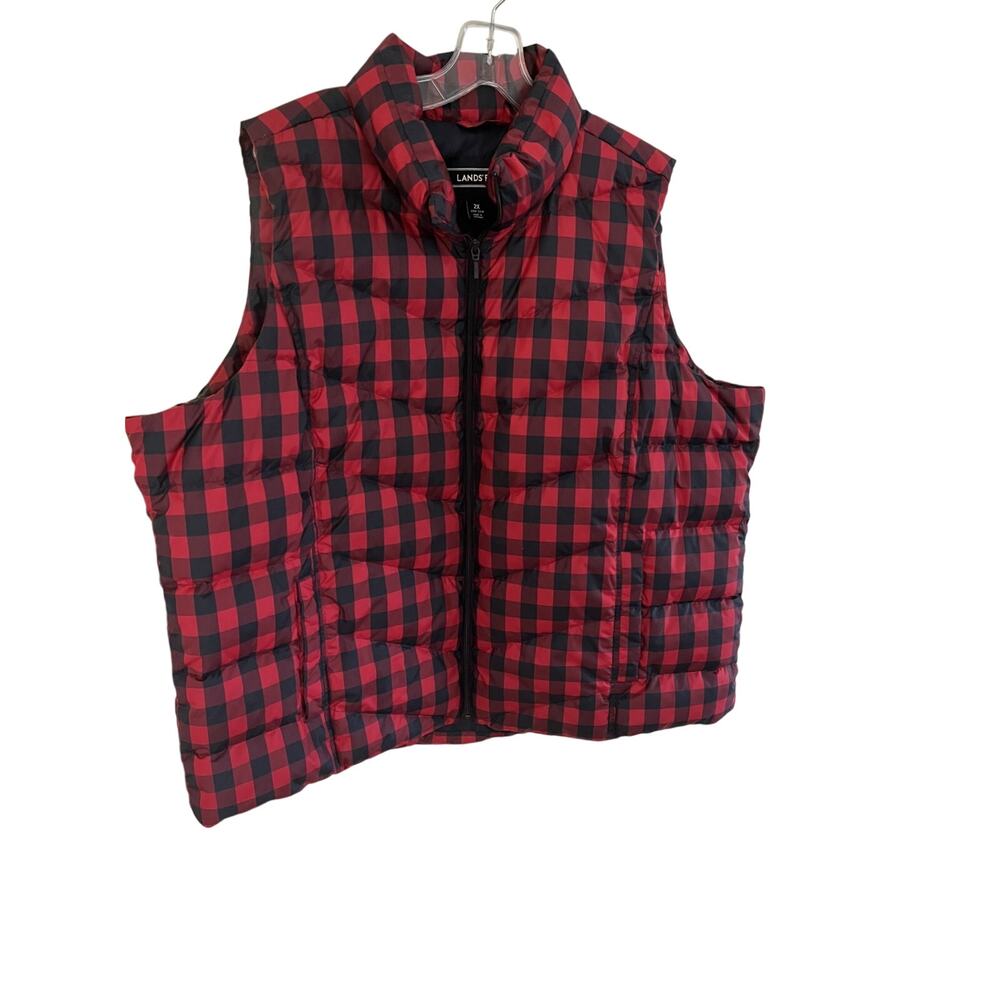 Land's End Women Puffer Vest 2X Quilted Down Plaid Preppy Outdoors Old Money